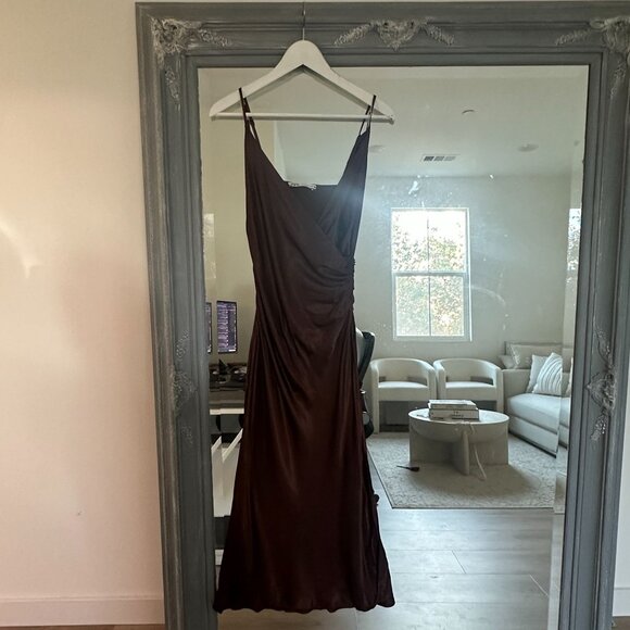 Zara Brown Surplice V-neck Satin Slip Midi Dress Side Slit Size Small - Picture 5 of 12